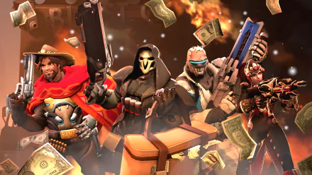 A vibrant 4K Ultra HD wallpaper featuring characters from Overwatch: Widowmaker, Soldier: 76, Reaper, and McCree, set against a backdrop of money and action.