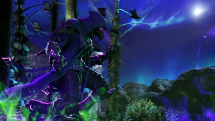 Reaper from Overwatch poised in a dark forest under a glowing night sky, captured in stunning 4K Ultra HD video game wallpaper quality.