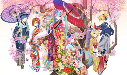 A vibrant HD wallpaper featuring Vocaloid characters Meiko, Kaito, Luka Megurine, Rin, Len Kagamine, and Hatsune Miku, all dressed in colorful kimonos amidst cherry blossoms.