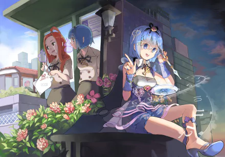 HD anime original desktop wallpaper featuring three girls on a rooftop at dusk, with vibrant colors and detailed character designs in a modern cityscape background.