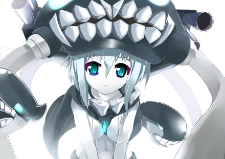HD PC desktop wallpaper of Wo-Class (Kancolle) from Kantai Collection: anime-style silver-haired girl with teal eyes wearing a monstrous helmet and tentacle-like ship gear in a frontal portrait.