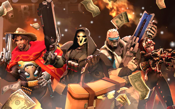 A vibrant 4K Ultra HD wallpaper featuring characters from Overwatch: Widowmaker, Soldier: 76, Reaper, and McCree, set against a backdrop of money and action.