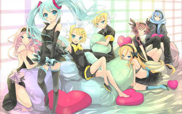 HD PC wallpaper featuring iconic Vocaloid characters including Hatsune Miku, Meiko, Kaito, Luka Megurine, Rin and Len Kagamine, and Lily in a vibrant anime style.