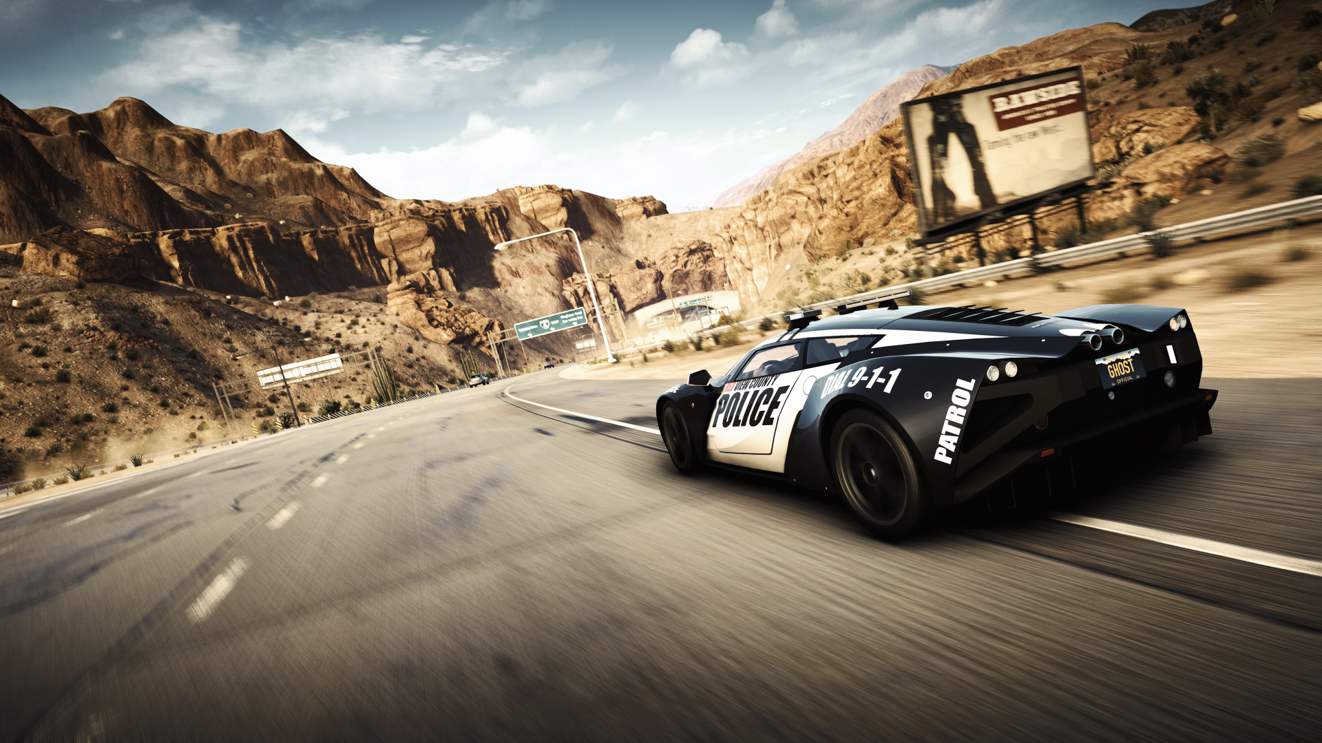 A high-speed police car chases on a desert highway from the video game Need For Speed: Rivals, shown in stunning 4K Ultra HD PC desktop wallpaper quality.
