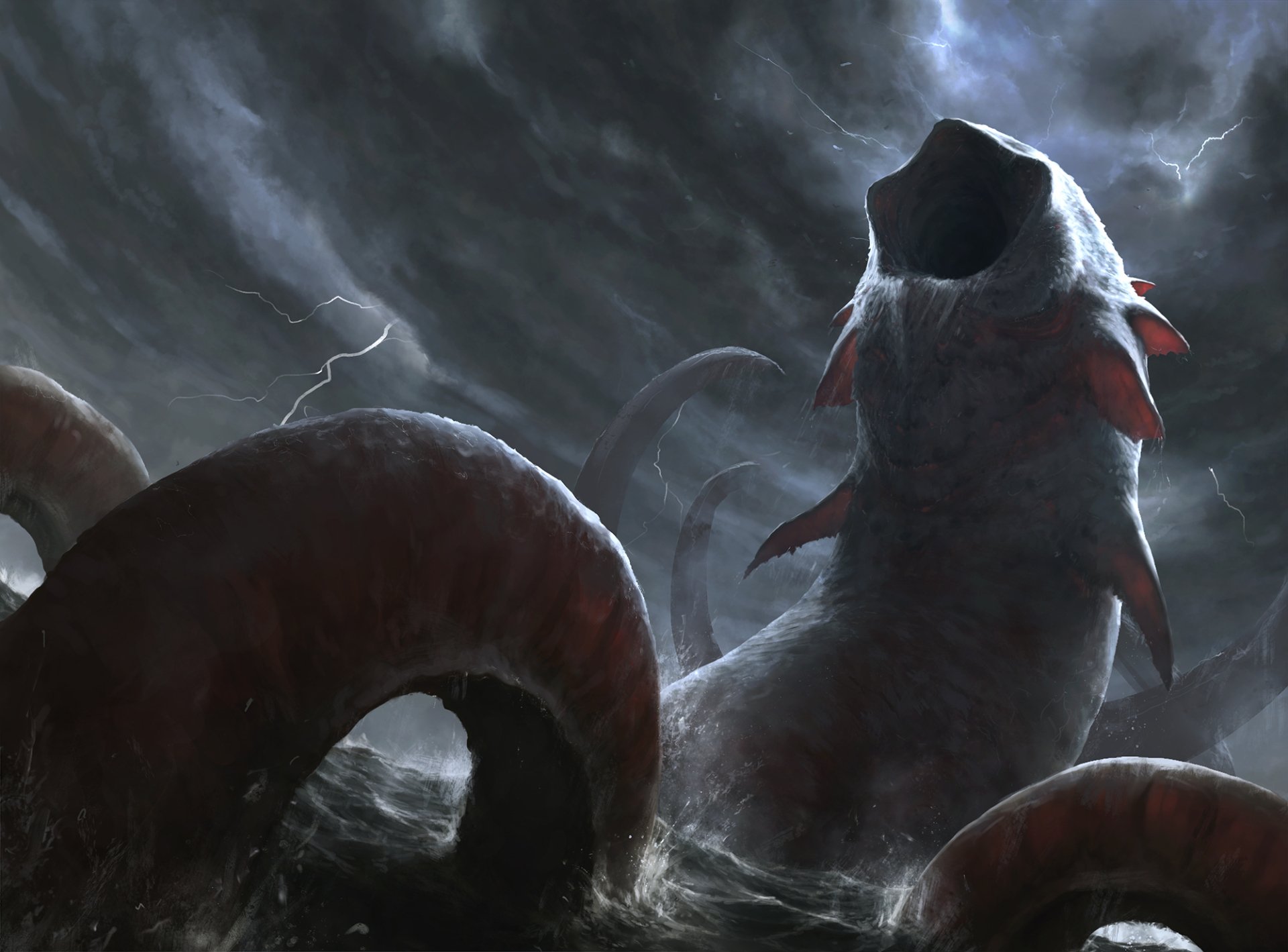 HD desktop wallpaper depicting a fantasy sea monster with massive tentacles emerging from dark, stormy waters under a cloudy night sky.