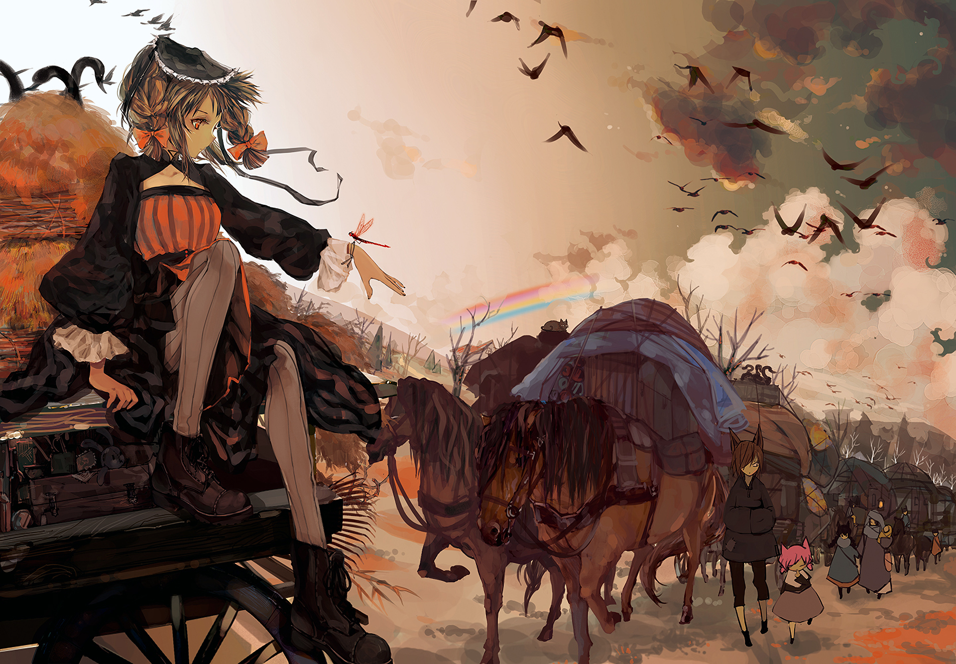 HD anime-style PC desktop wallpaper featuring a Sound Horizon-inspired scene with a character in elaborate attire overlooking horses and a dramatic, cloudy background.