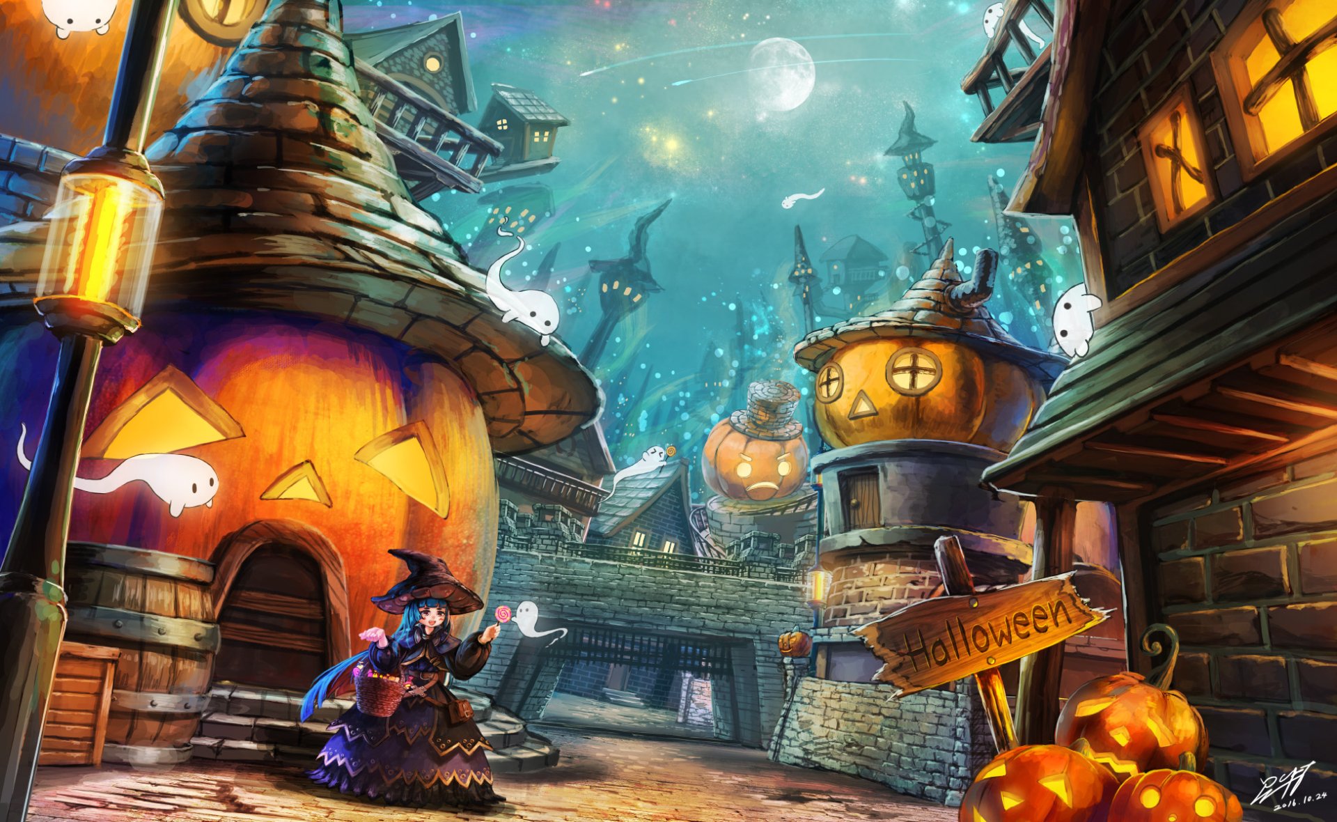 A vibrant anime-inspired Halloween scene, featuring whimsical houses, glowing pumpkins, and a witch in a magical village, making it a captivating HD desktop wallpaper.