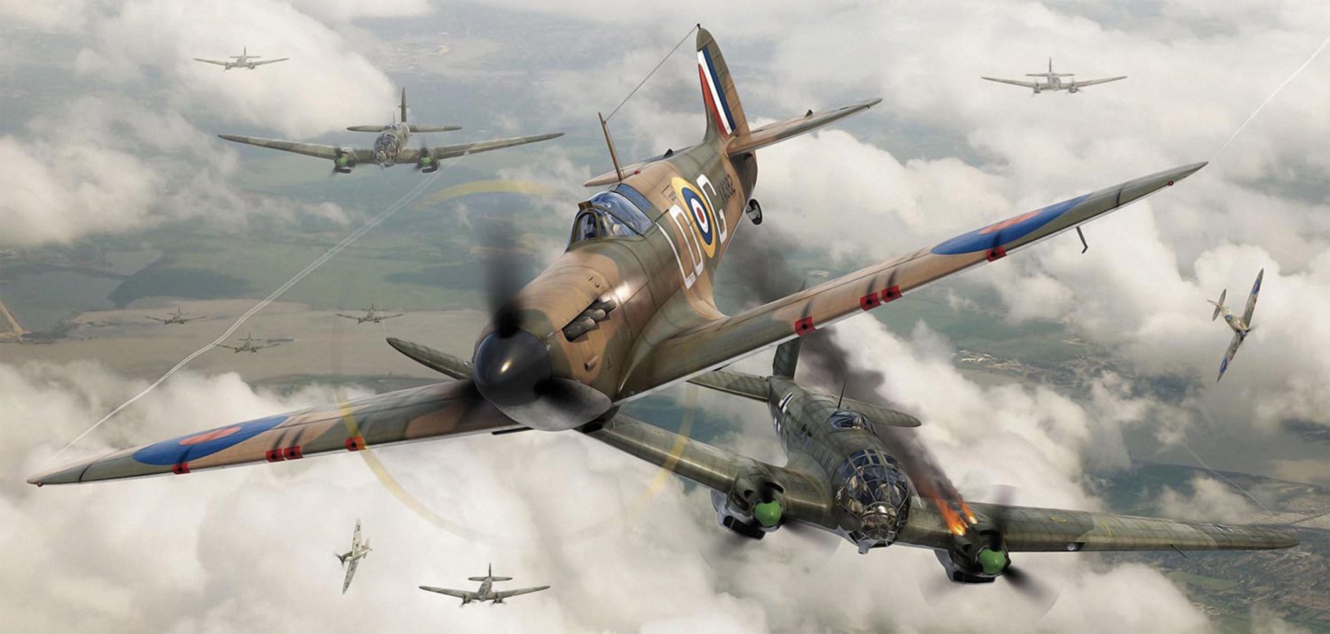 Epic WWII Dogfight Supermarine Spitfire Soars Through Battle Clouds 