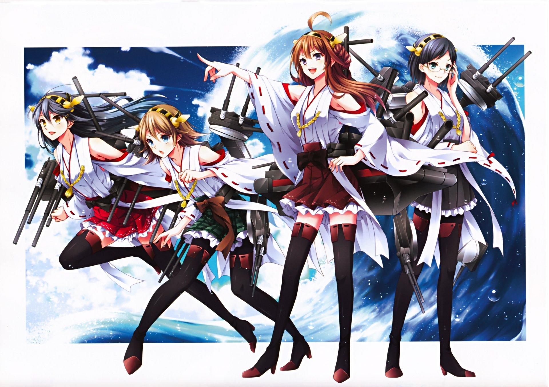 Kirishima, Hiei, Haruna and Kongou from Kantai Collection pose in naval-themed outfits against a dynamic ocean and sky backdrop — 2K Quad HD PC desktop wallpaper.