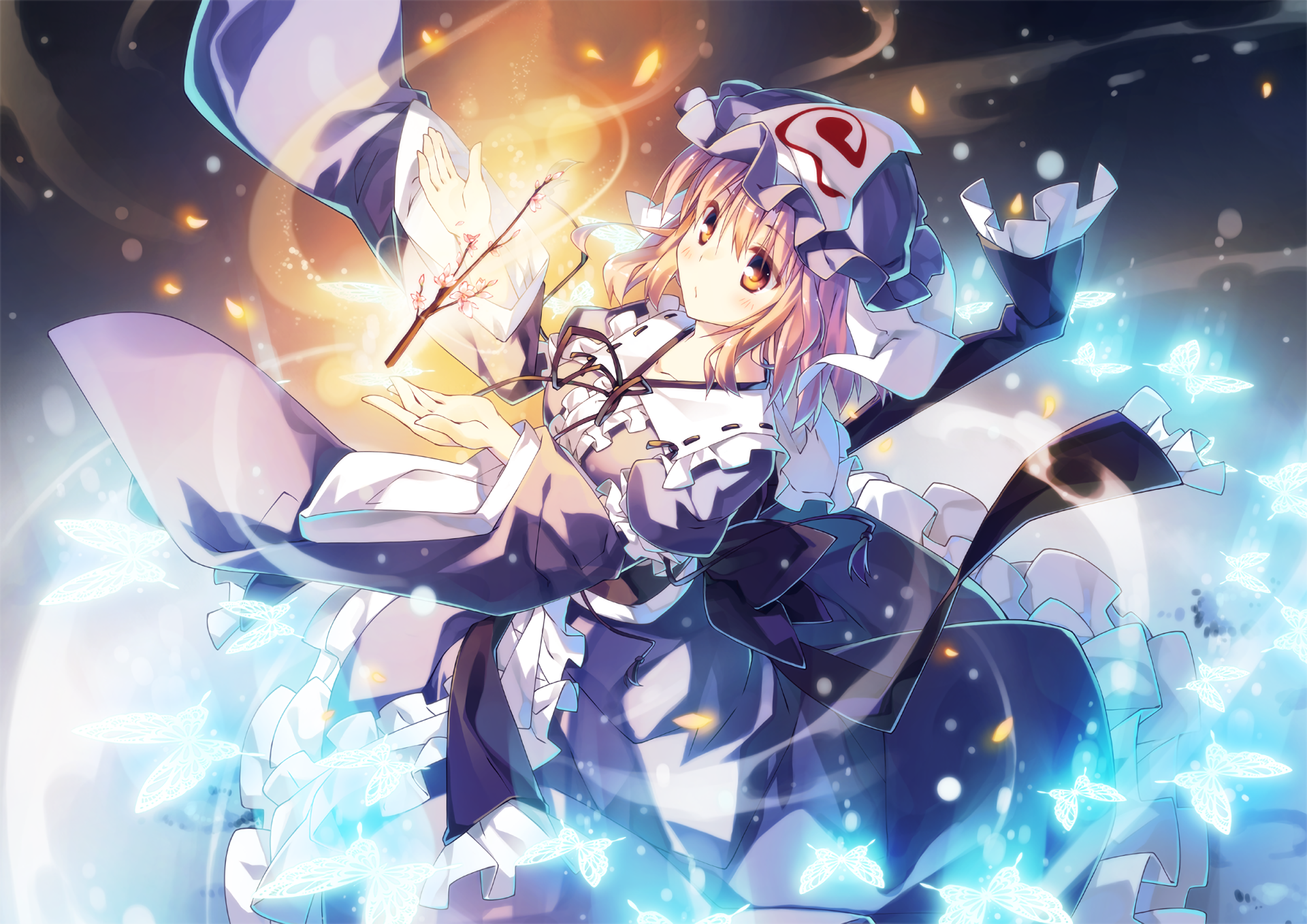 HD PC desktop wallpaper of Yuyuko Saigyouji from Touhou, featuring vibrant magical effects and dynamic lighting in an anime art style.