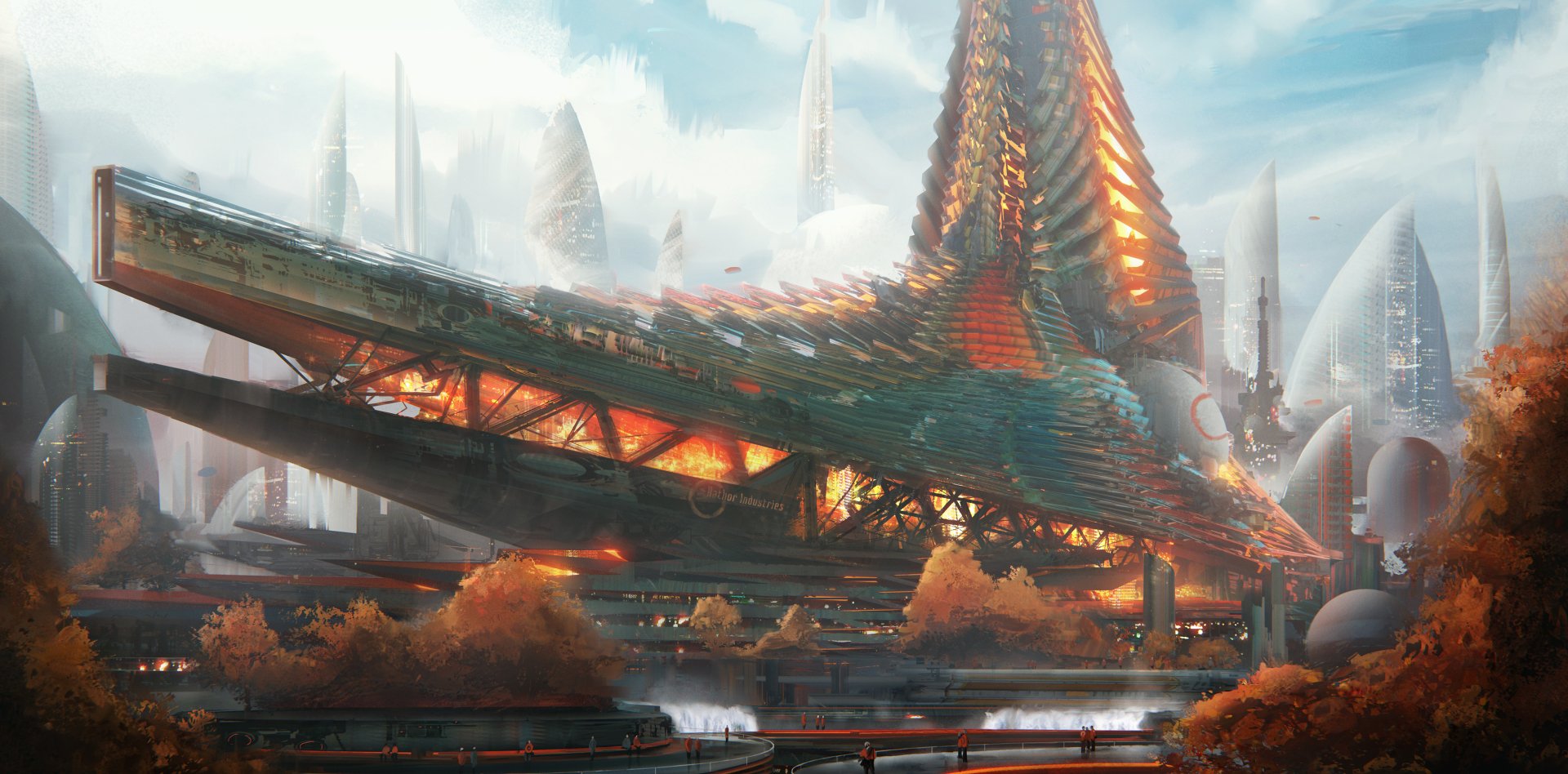 A high-definition wallpaper depicting a futuristic sci-fi cityscape with intricate, illuminated architecture and advanced structures set against a bright sky.
