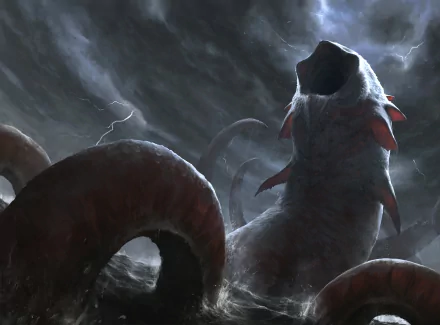 HD desktop wallpaper depicting a fantasy sea monster with massive tentacles emerging from dark, stormy waters under a cloudy night sky.