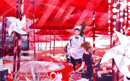 Anime original HD PC desktop wallpaper background: two characters under a red canopy, pinwheels and lanterns around a fan; one in an apron holding a bat.