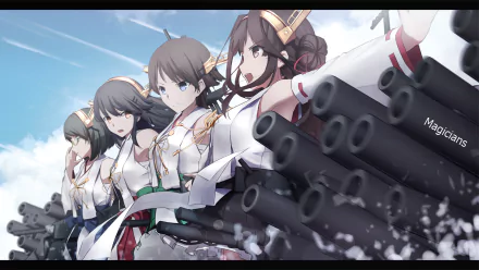 A dynamic HD wallpaper featuring characters Kirishima, Haruna, Hiei, and Kongou from the anime Kantai Collection, showcasing their battle-ready poses against a dramatic background.