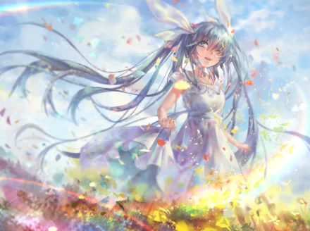 Hatsune Miku, with aqua eyes and blue hair, dances in a flowing white dress amidst colorful petals and a vibrant sky, creating a stunning anime-inspired desktop wallpaper.