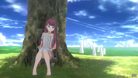 HD desktop wallpaper featuring Rin from the anime Shelter, peacefully sitting under a large tree on a grassy field with a beautiful blue sky and white clouds in the background.