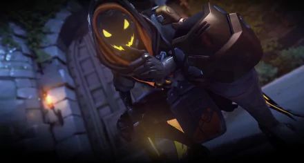 A high-definition desktop wallpaper featuring Ana from Overwatch in a Halloween-themed setting, showcasing her playful, spooky design amid a dark, atmospheric backdrop.