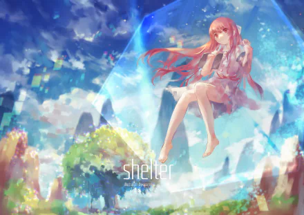 An HD wallpaper featuring Rin from the anime Shelter, set against a vibrant, dreamlike background with colorful landscapes and a whimsical atmosphere.