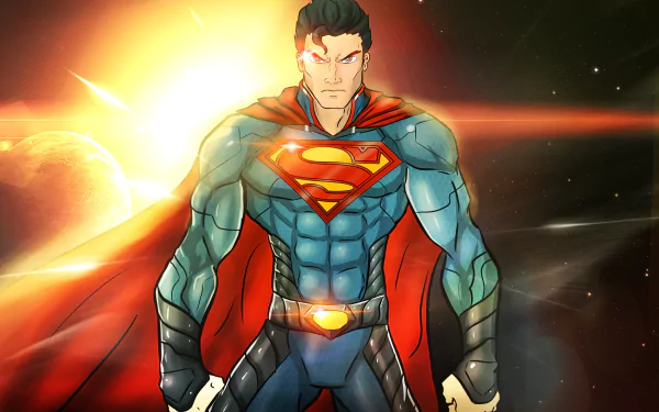 HD PC desktop wallpaper featuring a powerful comic-style Superman with glowing eyes and iconic logo, set against a fiery cosmic background.