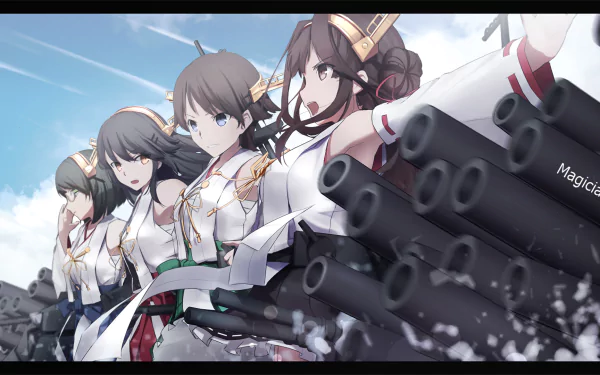 A dynamic HD wallpaper featuring characters Kirishima, Haruna, Hiei, and Kongou from the anime Kantai Collection, showcasing their battle-ready poses against a dramatic background.