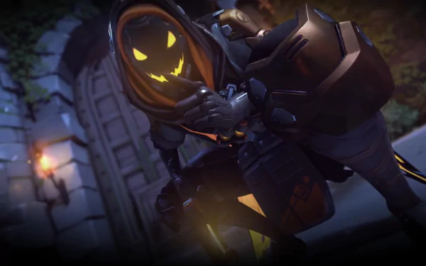 A high-definition desktop wallpaper featuring Ana from Overwatch in a Halloween-themed setting, showcasing her playful, spooky design amid a dark, atmospheric backdrop.