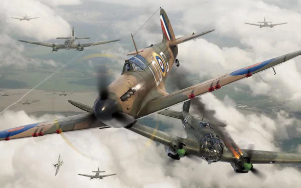 A Supermarine Spitfire warplane maneuvers through clouds during a military aerial battle against enemy aircraft, captured in high-definition detail.