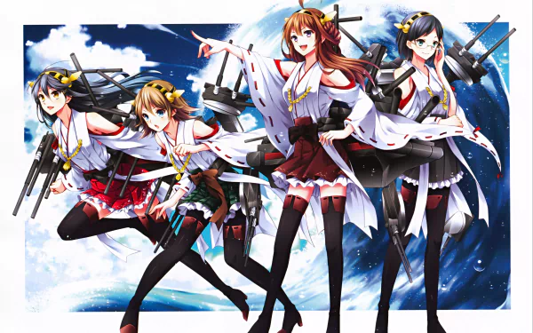 Kirishima, Hiei, Haruna and Kongou from Kantai Collection pose in naval-themed outfits against a dynamic ocean and sky backdrop — 2K Quad HD PC desktop wallpaper.