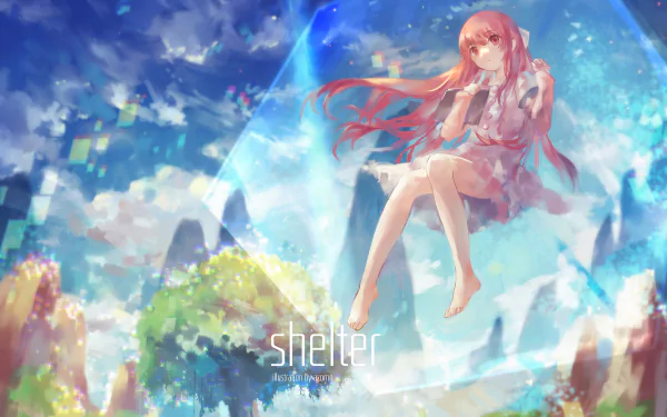 An HD wallpaper featuring Rin from the anime Shelter, set against a vibrant, dreamlike background with colorful landscapes and a whimsical atmosphere.