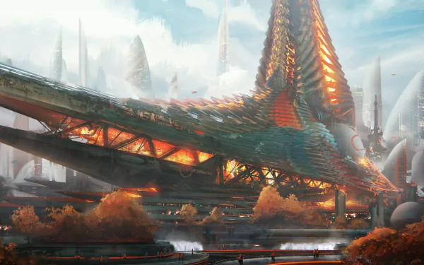 A high-definition wallpaper depicting a futuristic sci-fi cityscape with intricate, illuminated architecture and advanced structures set against a bright sky.