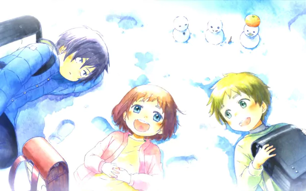HD desktop wallpaper featuring characters from the anime ReLIFE. The artwork portrays three cheerful characters lying in the snow, with small figures of snowmen in the background.