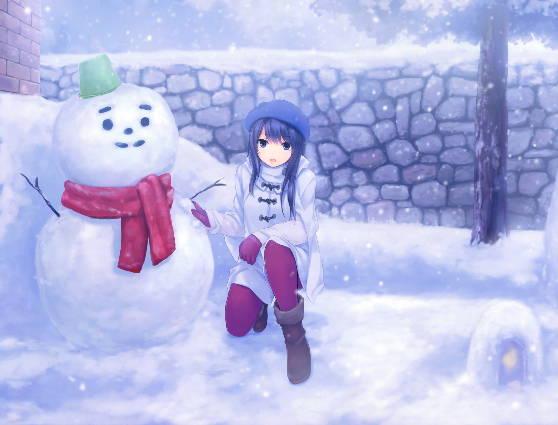 Anime-style original 4K Ultra HD desktop wallpaper featuring a girl in winter clothing next to a smiling snowman, set against a snowy stone wall background.