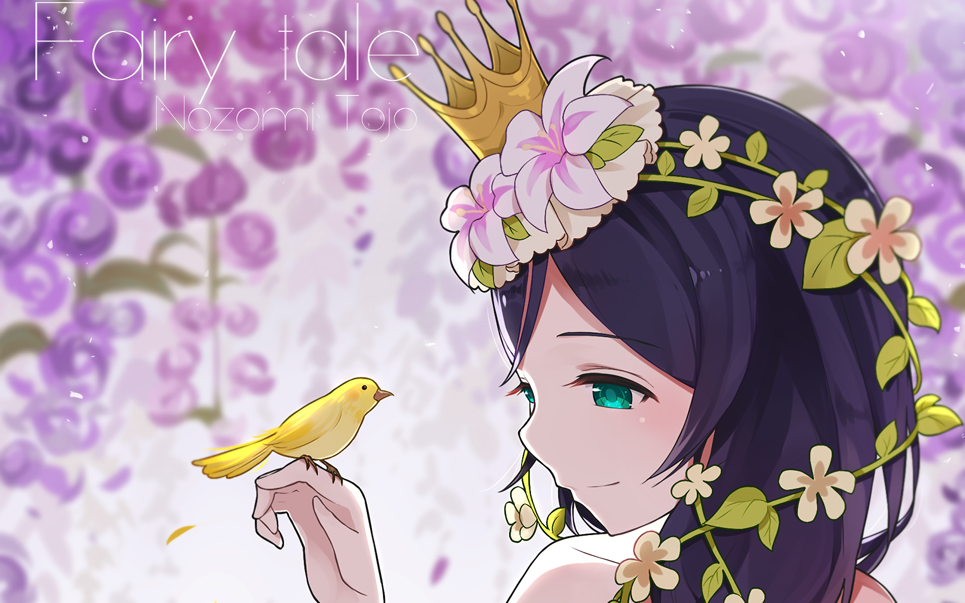 HD anime desktop wallpaper featuring Nozomi Tojo from Love Live!, adorned with a floral crown and gently holding a small yellow bird against a soft purple floral background.
