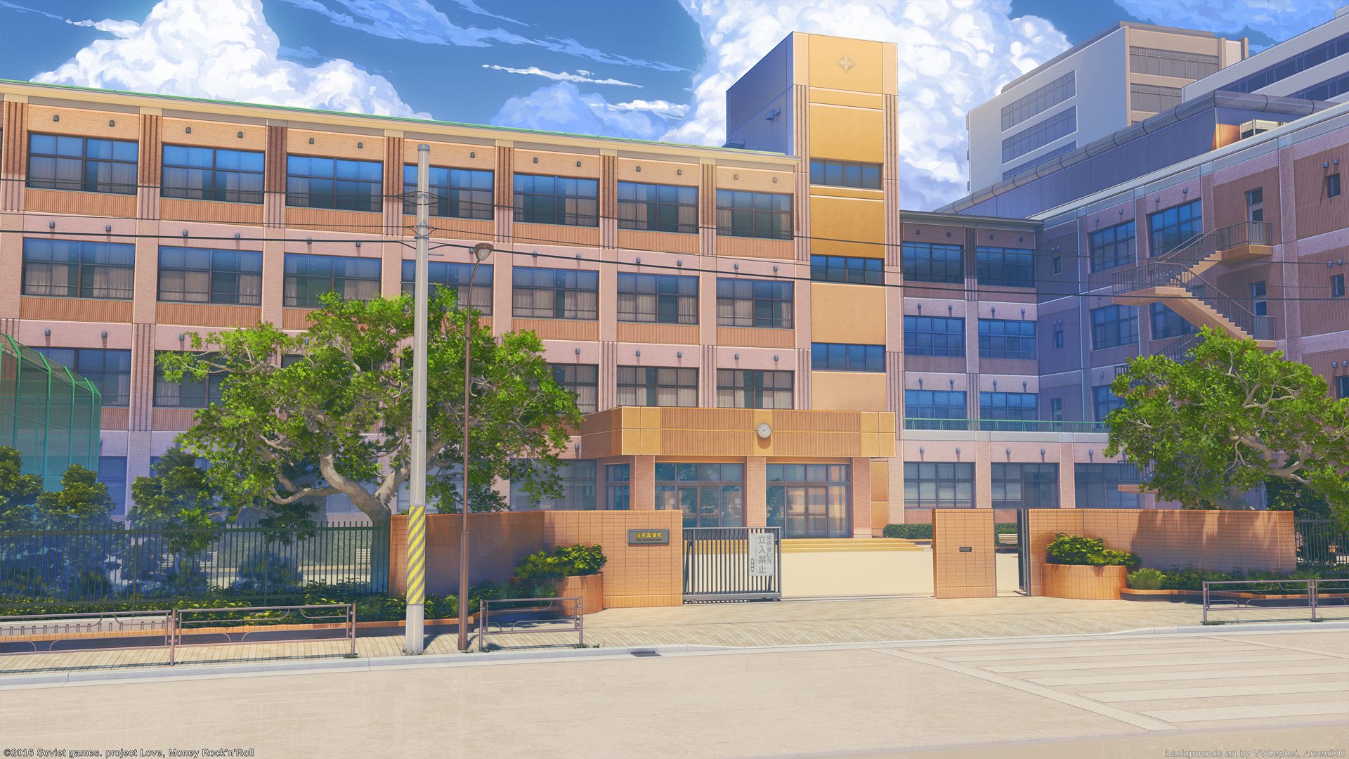 HD PC desktop wallpaper of an anime-style sunlit school building under a blue sky, with a video game aesthetic evoking themes of Love, Money and Rock'n'Roll.