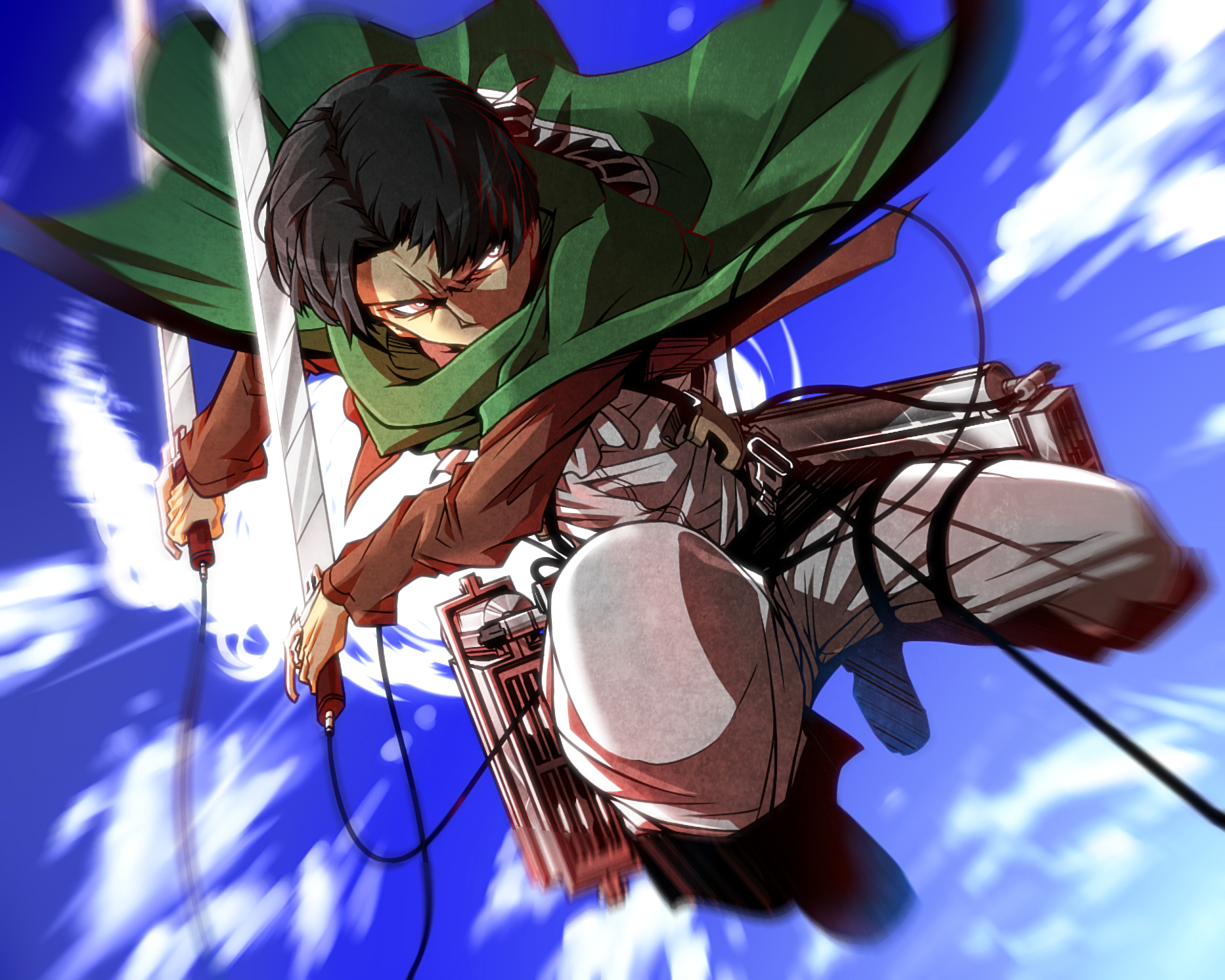 Levi Ackerman from Attack on Titan leaps into action, wielding swords against a vibrant blue sky. This dynamic anime image serves as a striking HD desktop wallpaper.