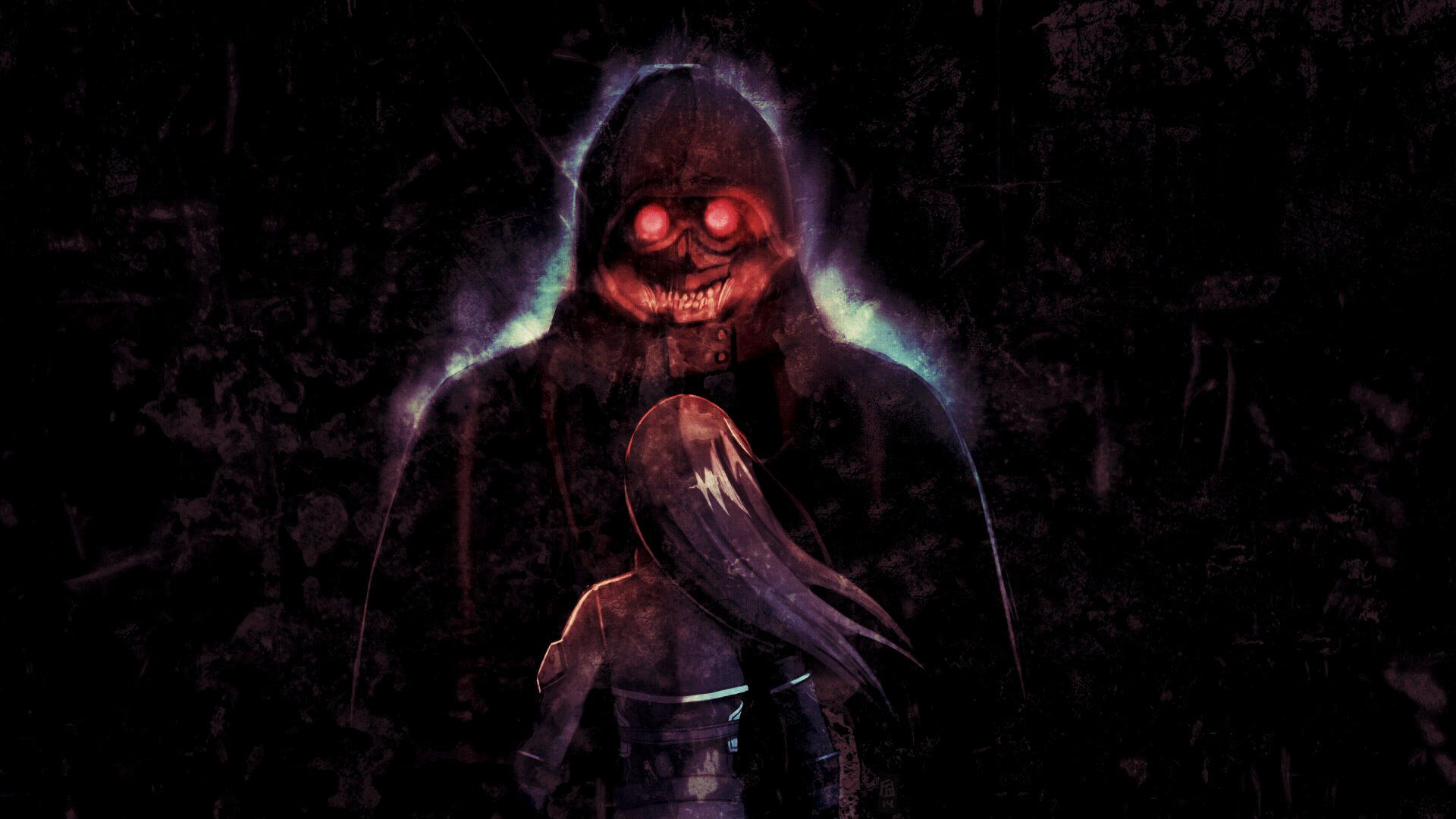 A dark, atmospheric HD wallpaper featuring Death Gun confronting Kirito from Sword Art Online II, capturing the intense confrontation between the two iconic characters.