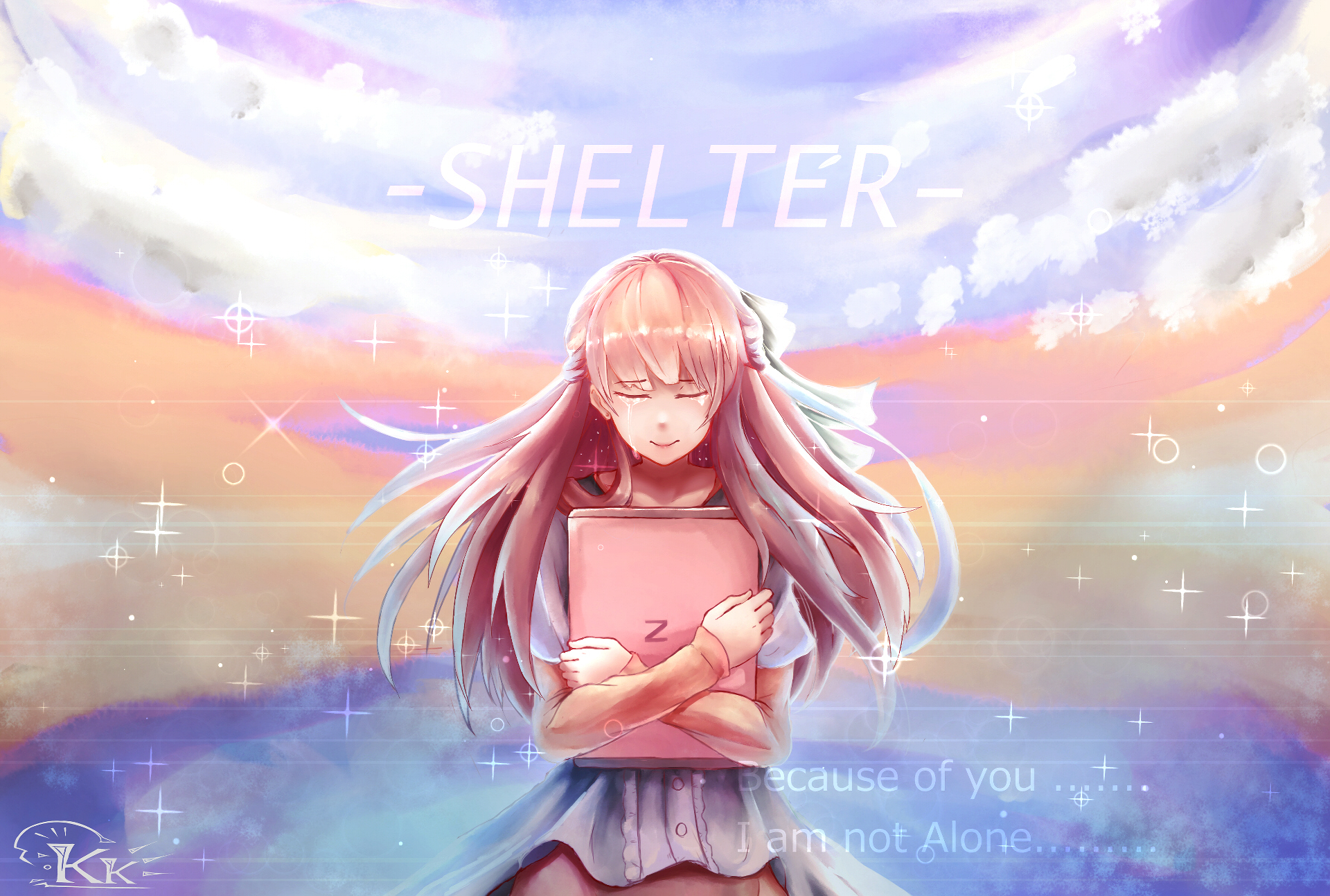 An HD anime wallpaper featuring Rin from Shelter, embracing a book against a dreamy, colorful sky, symbolizing themes of comfort and connection.