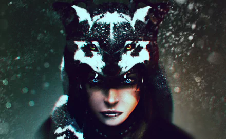 A fantasy-themed HD PC wallpaper of a woman with blue eyes wearing a wolf fur hat, surrounded by falling snow in a dark, mystical setting.