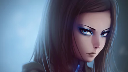 HD anime desktop wallpaper featuring a close-up of a serious female character from Ergo Proxy with intense blue eyes and dark hair against a soft blue background.