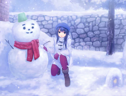Anime-style original 4K Ultra HD desktop wallpaper featuring a girl in winter clothing next to a smiling snowman, set against a snowy stone wall background.
