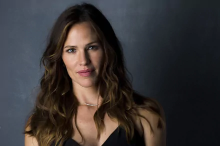 HD desktop wallpaper featuring American actress Jennifer Garner with brunette hair and brown eyes against a dark background.