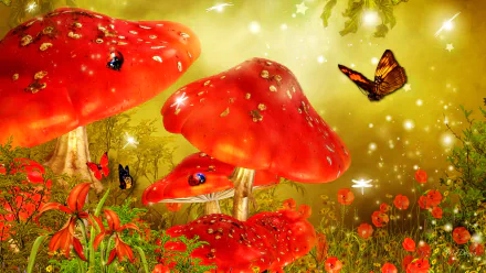 A vibrant forest scene featuring striking red mushrooms, colorful butterflies, and a ladybug among blooming flowers, all set against a dreamy, shimmering background.