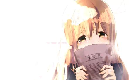 HD desktop wallpaper featuring Shouko Nishimiya from the anime A Silent Voice. She is holding a piece of paper, gazing ahead with an emotional expression. The background is light and soft.