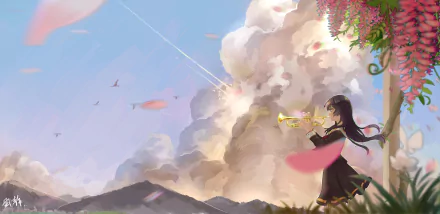 Anime Sound! Euphonium 5K Ultra HD PC desktop wallpaper: schoolgirl plays trumpet on a hill, pink petals drift against towering clouds and distant mountains.