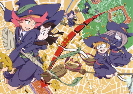 A vibrant 4K Ultra HD wallpaper featuring characters Amanda O'Neill, Lotte Yanson, Sucy Manbavaran, and Atsuko Kagari from the anime Little Witch Academia, soaring on broomsticks.