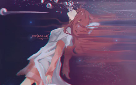 A serene HD wallpaper featuring Rin from the anime Shelter, depicted underwater with flowing hair and bubbles, creating a tranquil and artistic atmosphere.