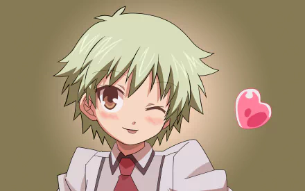 Anime-style HD desktop wallpaper featuring a winking character from Baka and Test with light green hair and a school uniform against a muted background with a pink heart.
