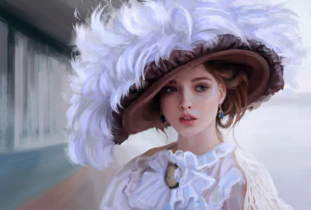 A detailed HD desktop wallpaper featuring an artistic portrait of a woman with striking green eyes, wearing a large feathered hat and elaborate clothing.