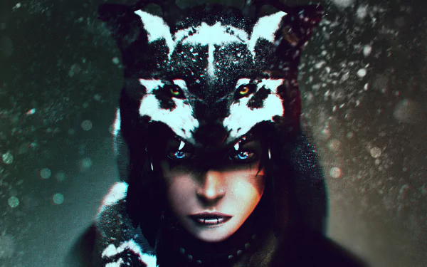 A fantasy-themed HD PC wallpaper of a woman with blue eyes wearing a wolf fur hat, surrounded by falling snow in a dark, mystical setting.