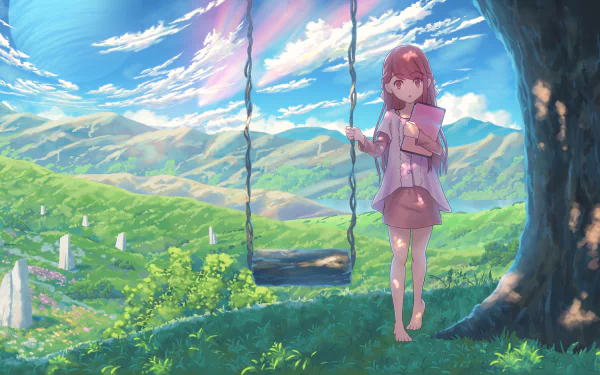 Anime HD wallpaper featuring Rin from Shelter. She stands barefoot holding a tablet near a swing under a tree, with a beautiful landscape of green hills and a bright sky in the background.