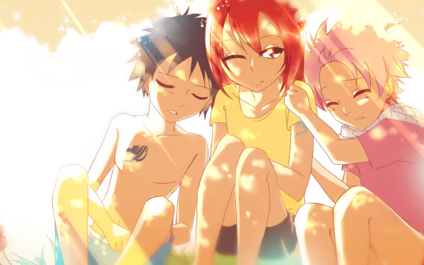 Colorful HD wallpaper featuring Natsu Dragneel, Erza Scarlet, and Gray Fullbuster from the anime Fairy Tail. The three characters are sitting together in a warm, sunny setting.
